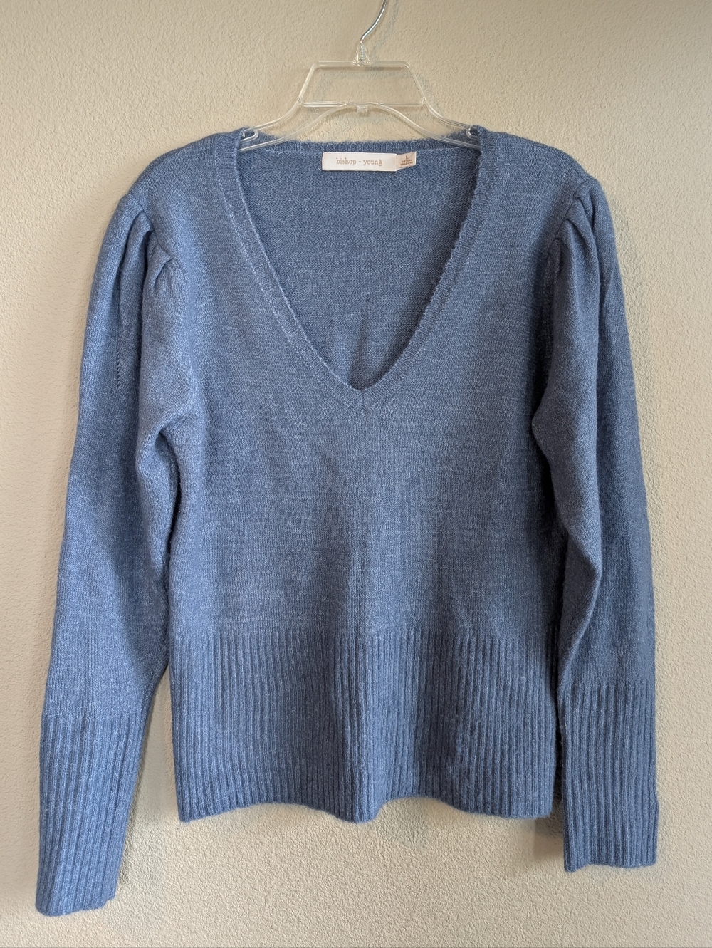 Bishop + Young Size Large V-Neck Puff Sleeve Wool-Blend Sweater Light Blue